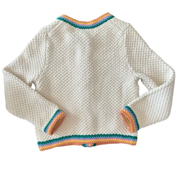 Boden Girls Knit Cardigan 6-7 | Cream w/ Rainbow Trim | NWOT - Picture 2 of 5